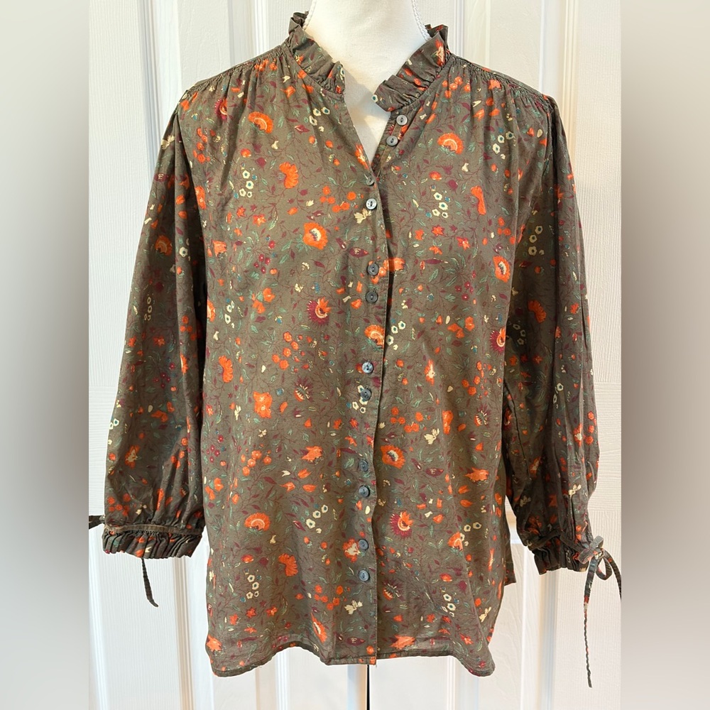 Sundance Brown Floral Ashton Cotton Blouse with Ruffled Collar and Cuffs Size M